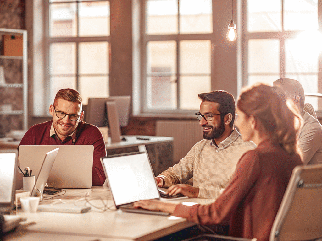 A team of SEO specialists discusses a client's promotion strategy while sitting with laptops in an office setting.